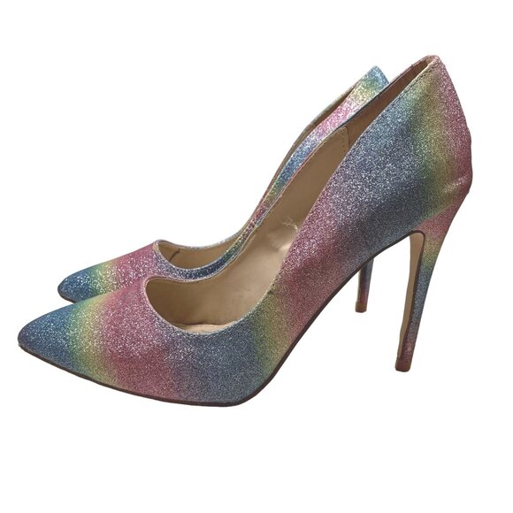 Anne Michelle Hibiscus Heels Womens 8.5 Pastel Rainbow Glitter Mermaid Stiletto - Picture 3 of 16